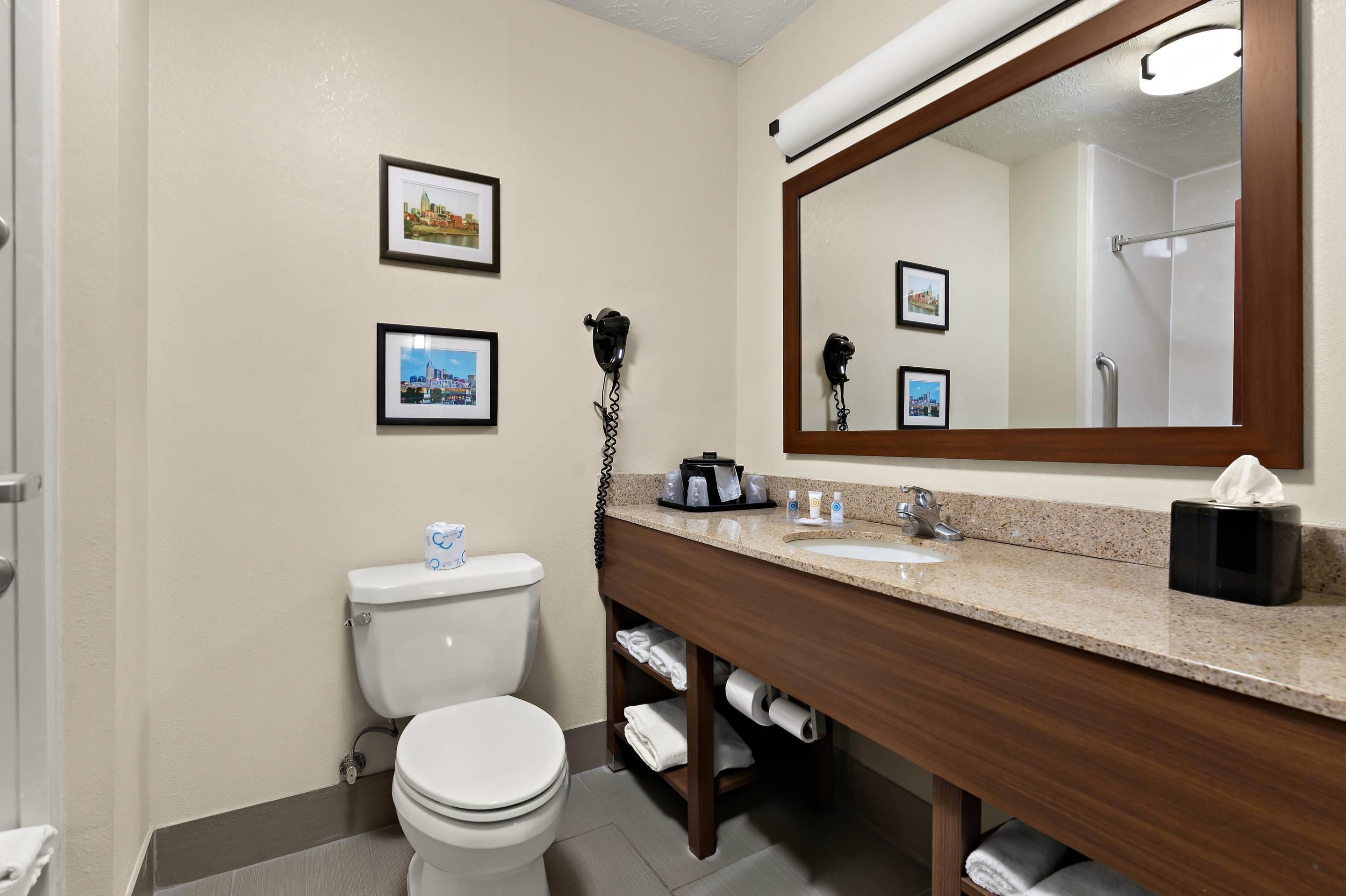 Un baño de hotel con inodoro, lavamanos y un espejo grande. Hay cuadros enmarcados en la pared.