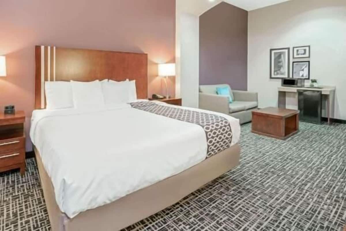 A hotel room with a large bed, a desk, a chair, and a sofa.