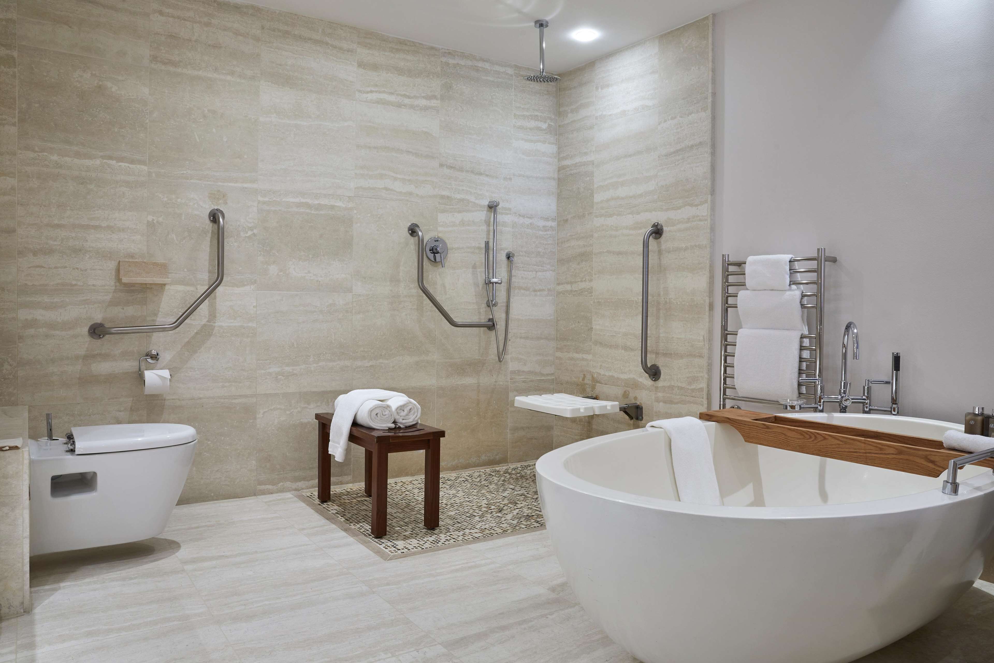 A modern bathroom with a freestanding bathtub, a toilet, and a shower area with grab bars.