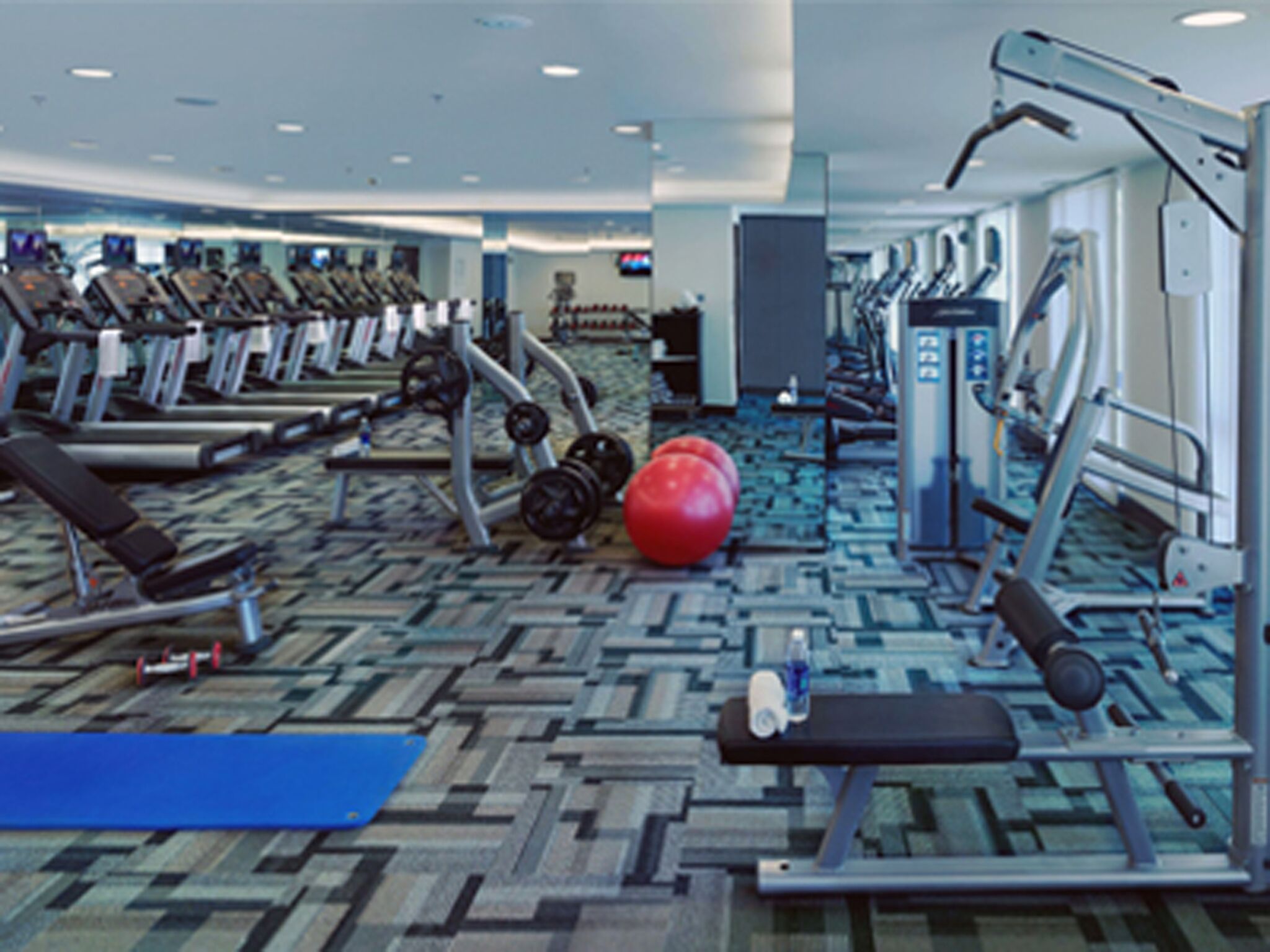 A gym with treadmills, elliptical machines, and free weights.