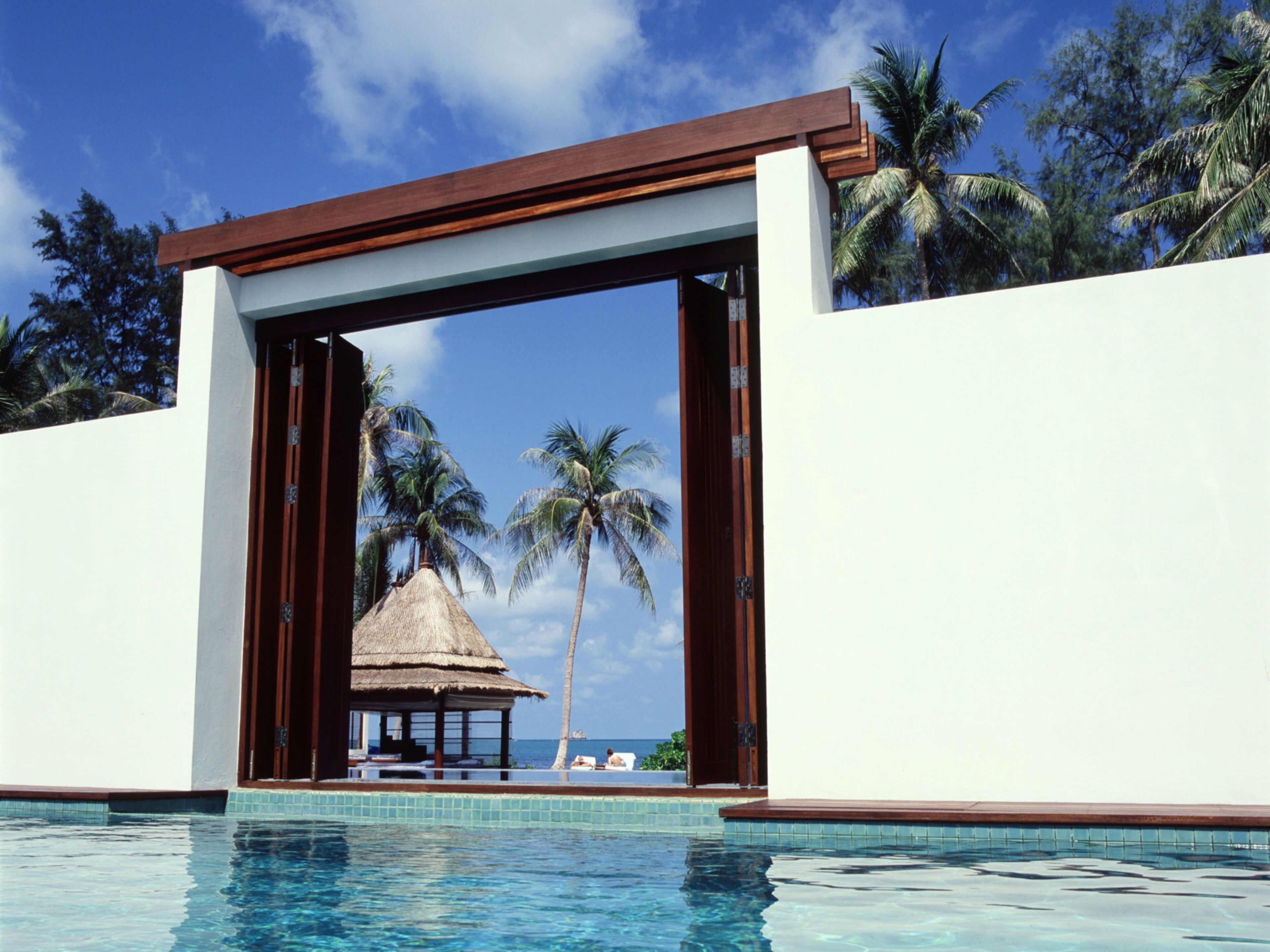 Piscina infinita com estrutura de colmo e palmeiras ao fundo.