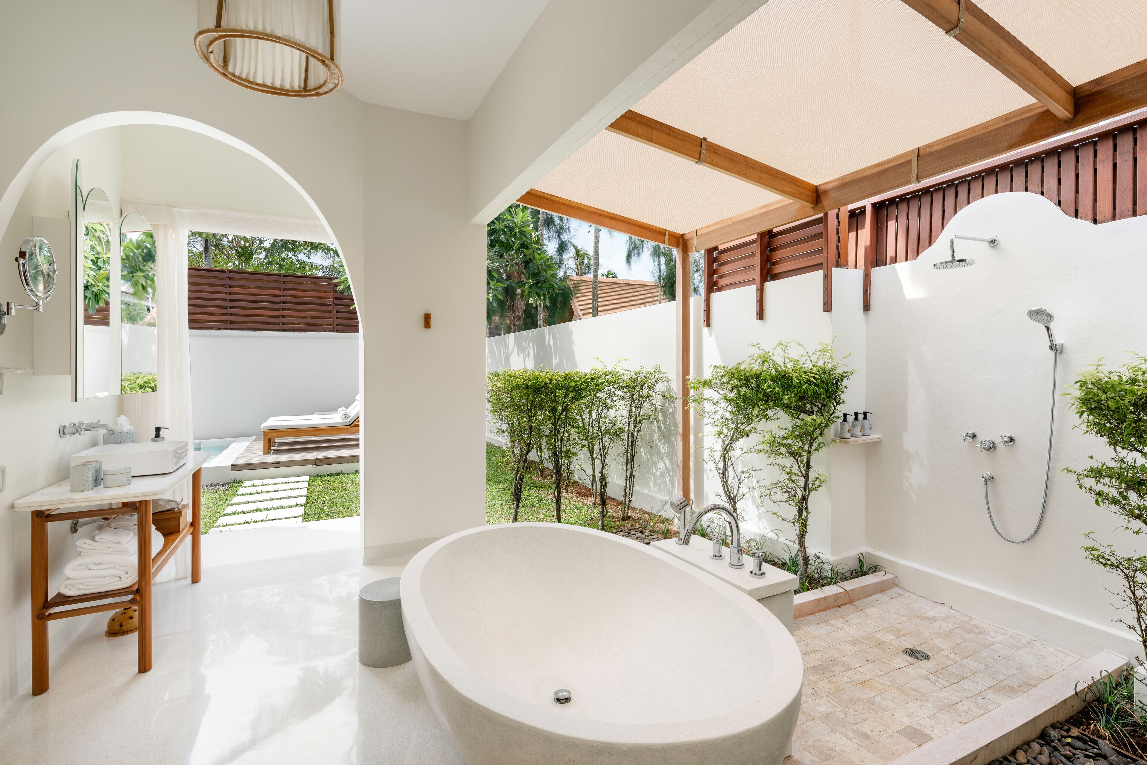 garden pool villa | bathroom | combined shower/bathtub, rainfall showerhead, free toiletries