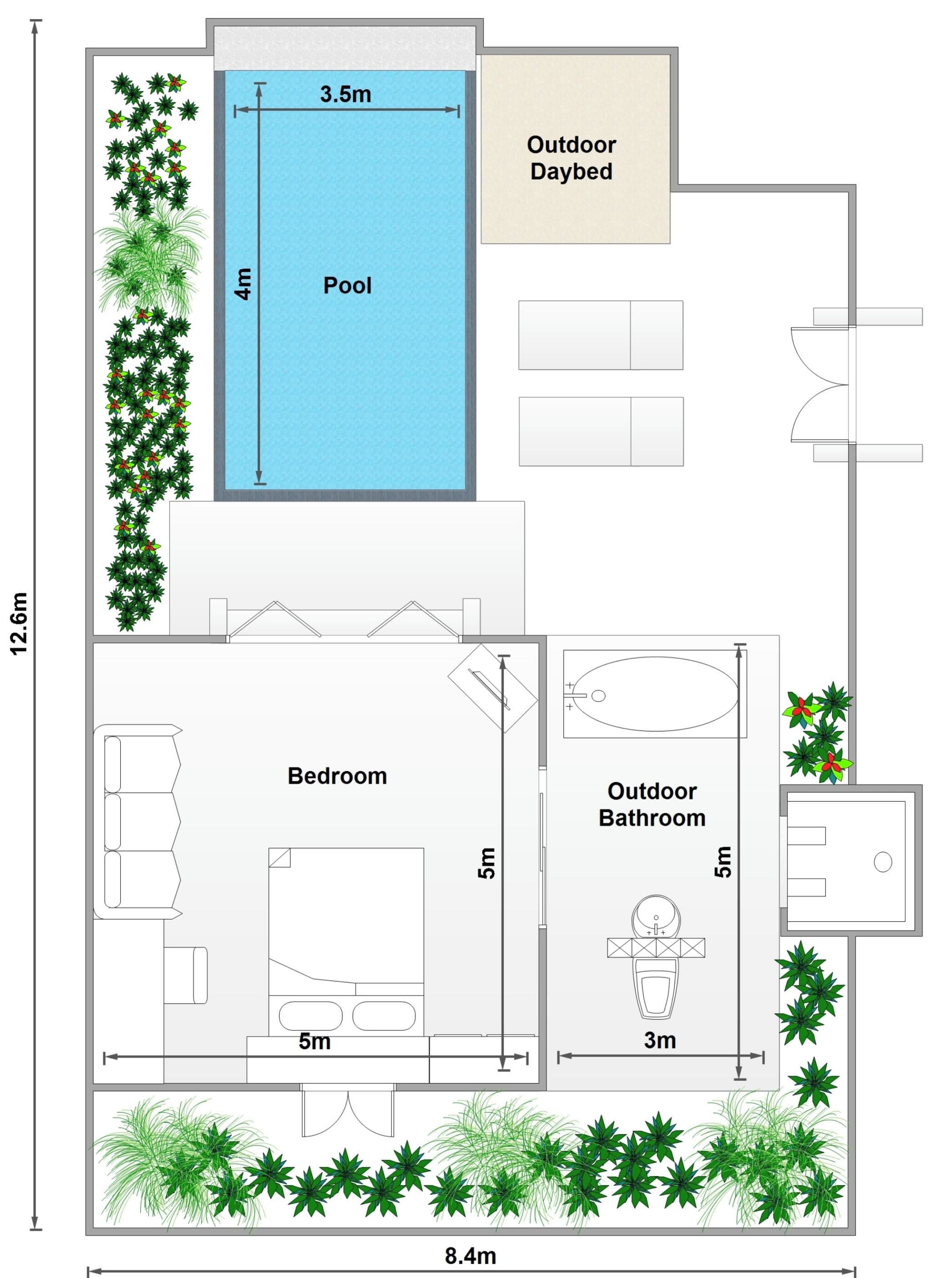 A floor plan with a 3.5m pool, bedroom, outdoor bathroom, and outdoor daybed.
