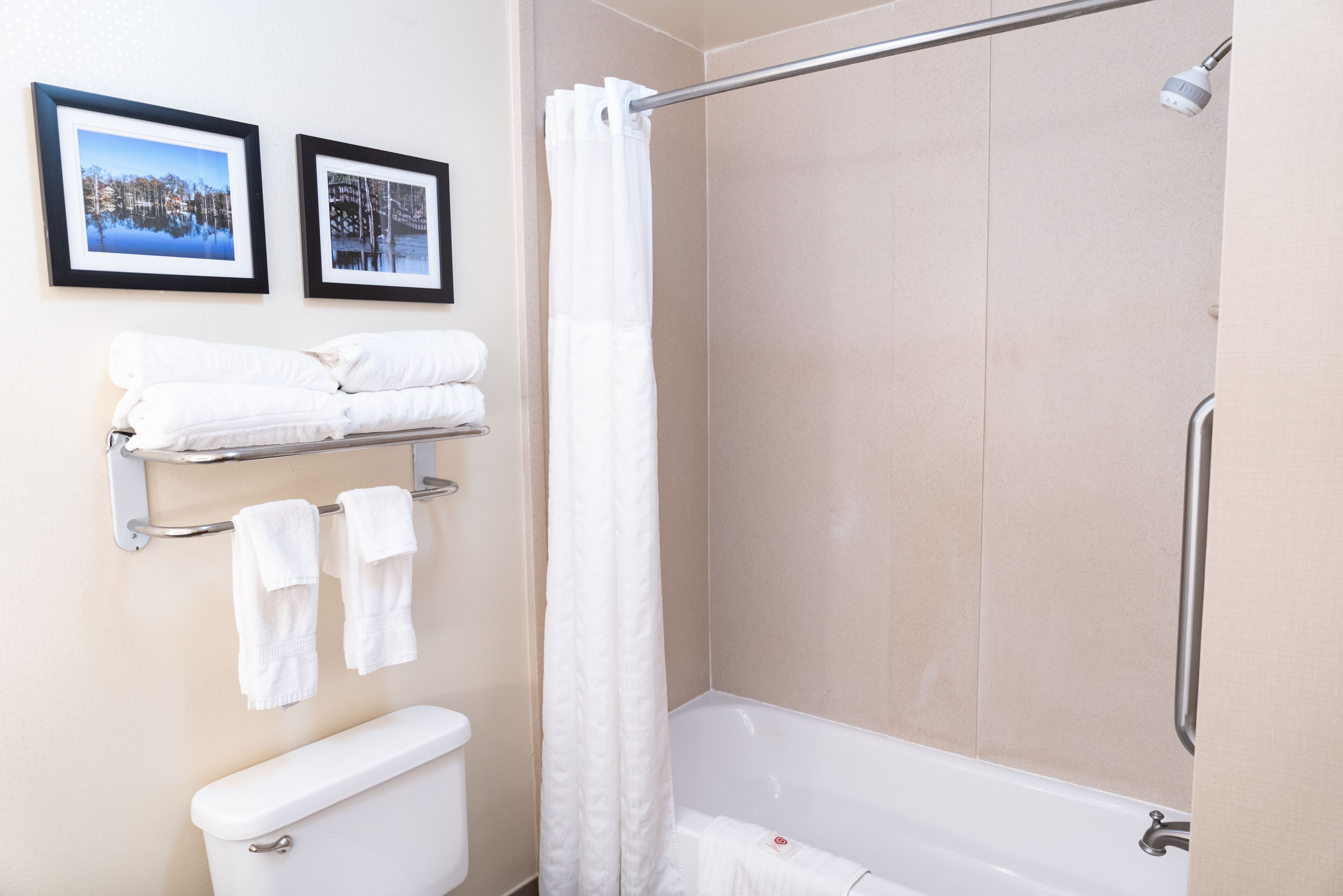 A bathroom with a toilet, a bathtub, and a shower area. There are towels hanging on a rack and two framed pictures on the wall.