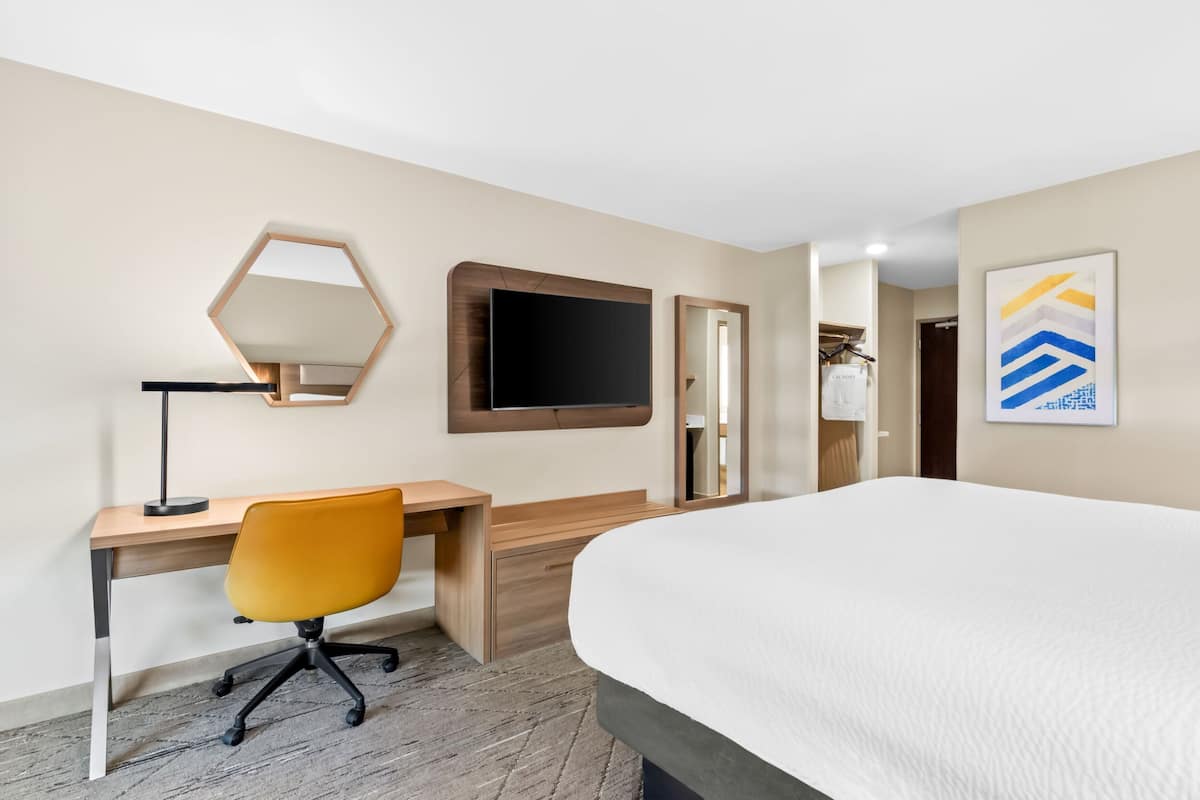 A hotel room with a bed, a desk with a chair, a mirror, and a television.