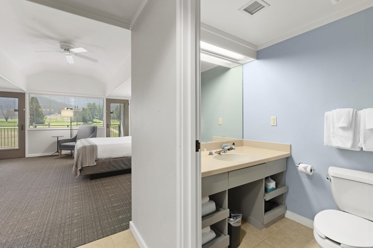 A hotel room with a bed, a desk, a chair, a bathroom with a sink and toilet, and a view of the outdoors.