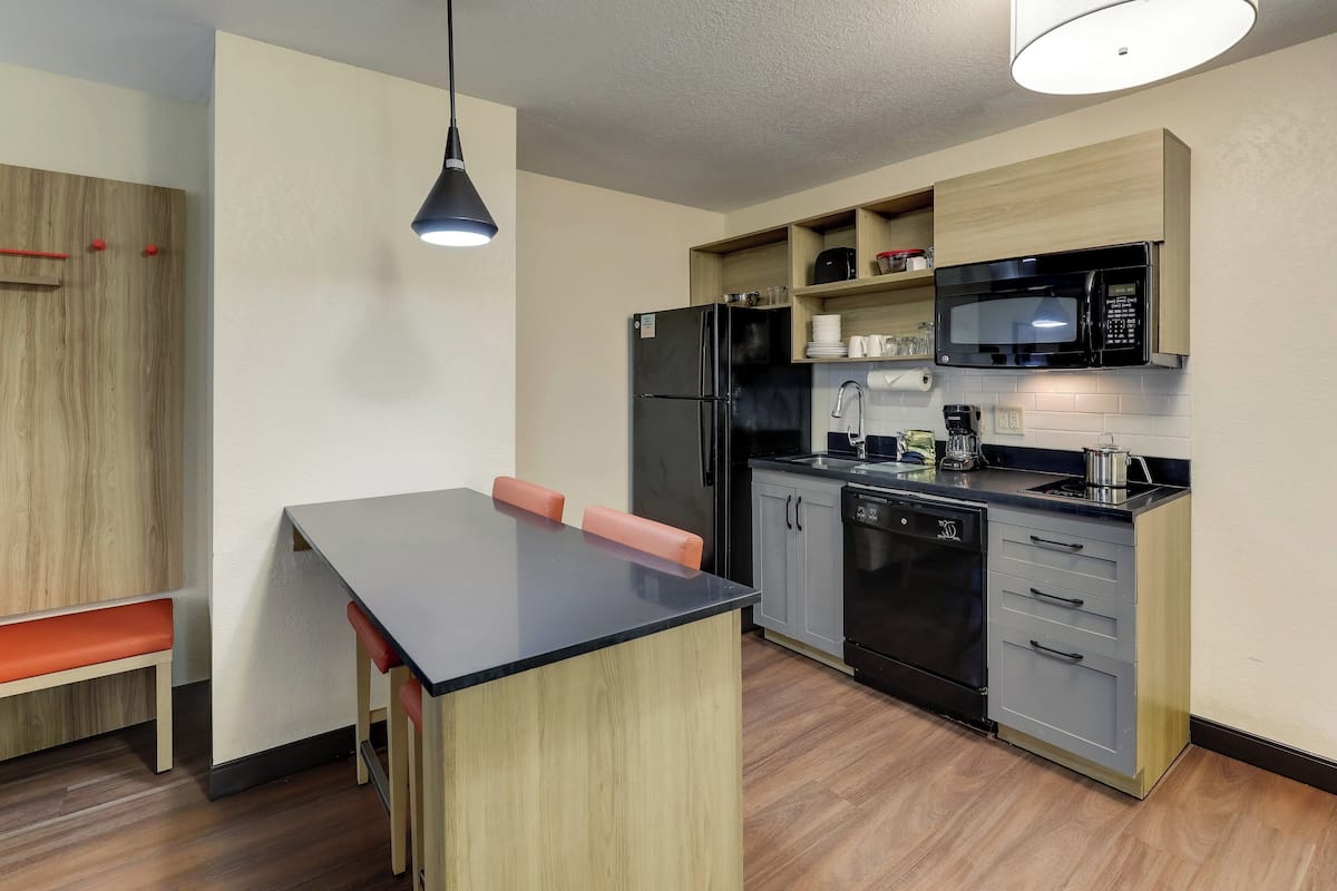 1 bedroom, desk, blackout drapes, iron/ironing board
