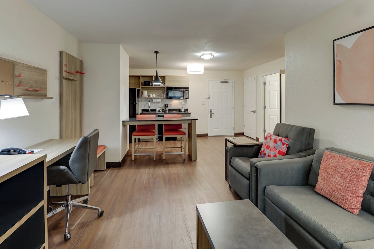 1 bedroom, desk, blackout drapes, iron/ironing board