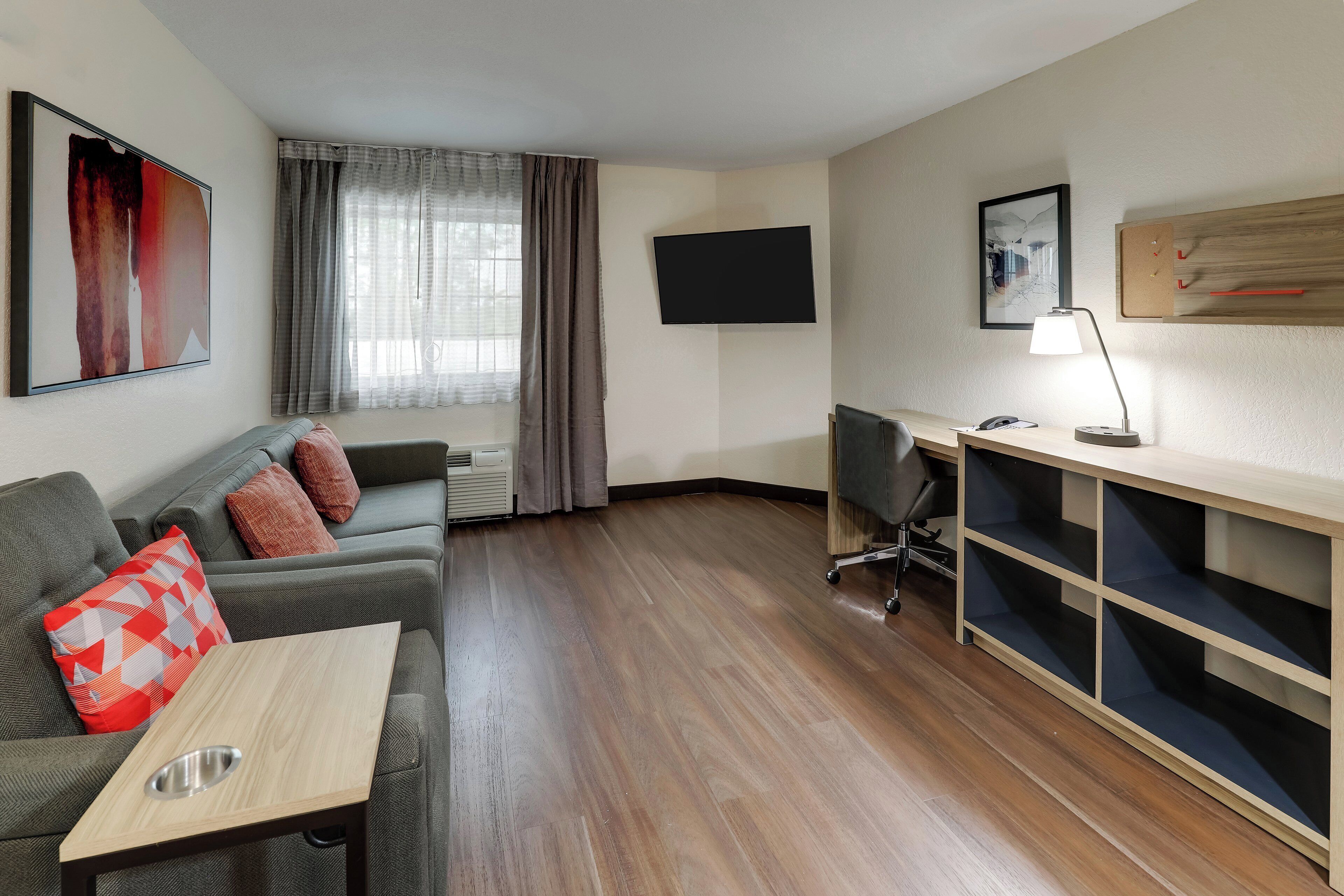 1 bedroom, desk, blackout curtains, iron/ironing board