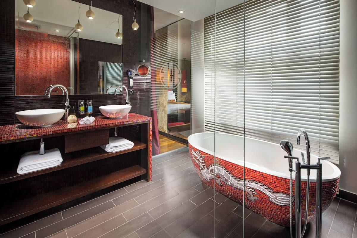 premier room | bathroom | separate bathtub and shower, deep-soaking bathtub, rainfall showerhead