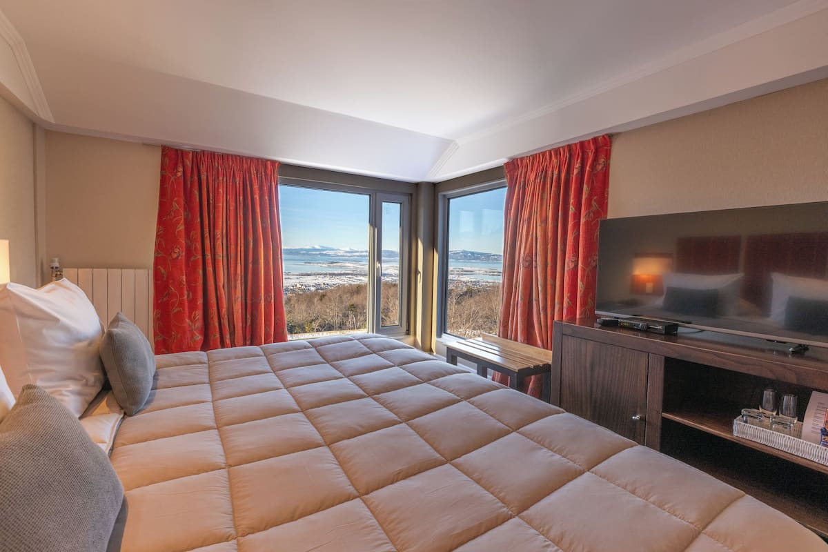 A hotel room with a large bed, a television, and a view of a snowy landscape through the windows.