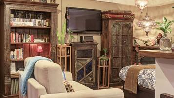 Een gezellige woonkamer met een boekenkast, een open haard, een televisie en een decoratieve lamp.