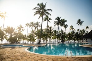 Outdoor pool, pool umbrellas, pool loungers