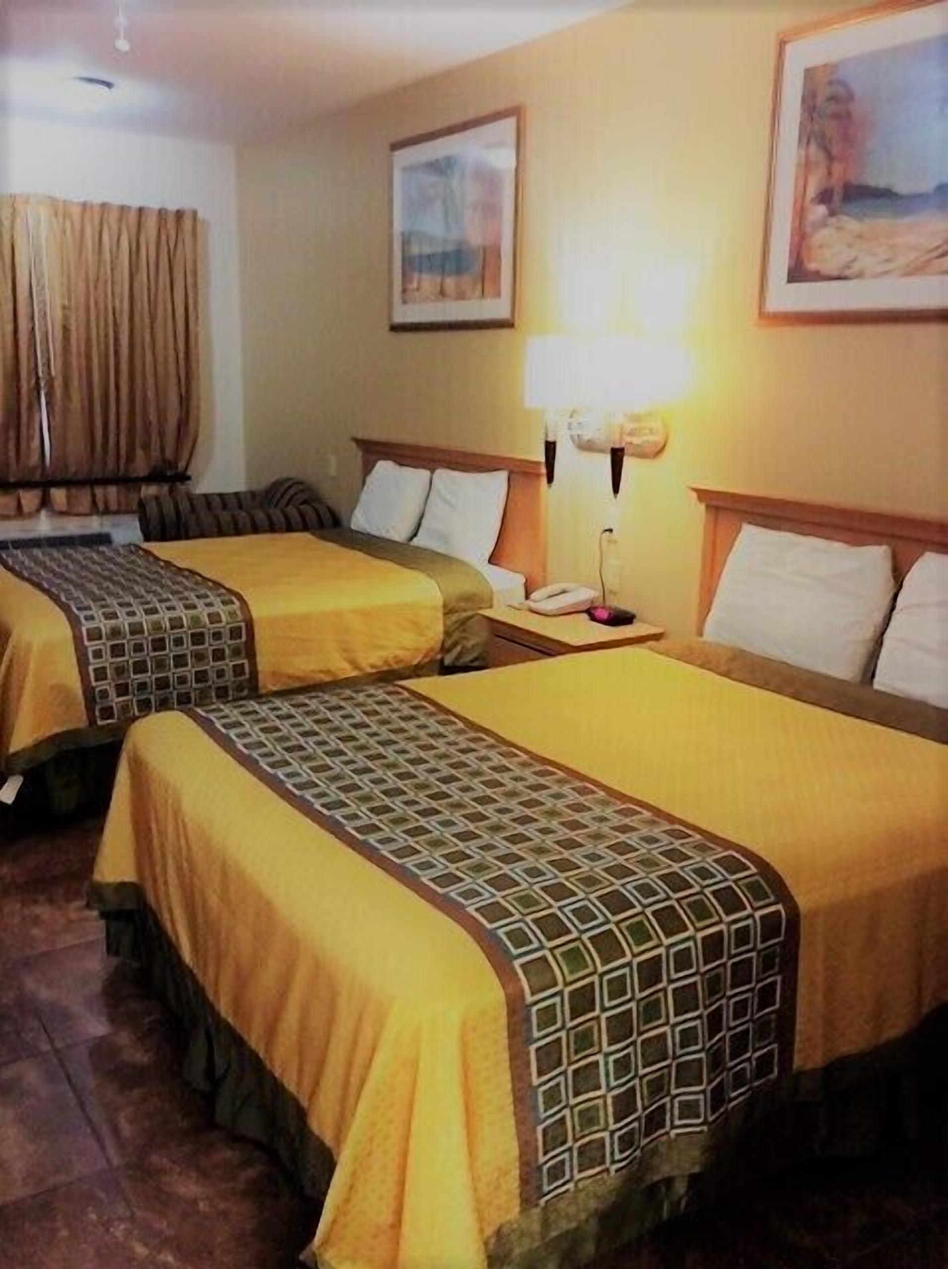 Une chambre d’hôtel avec deux lits, chacun recouvert d’une couvre-lit à motifs et agrémenté d’oreillers. On y trouve une table de chevet avec une lampe et un téléphone.