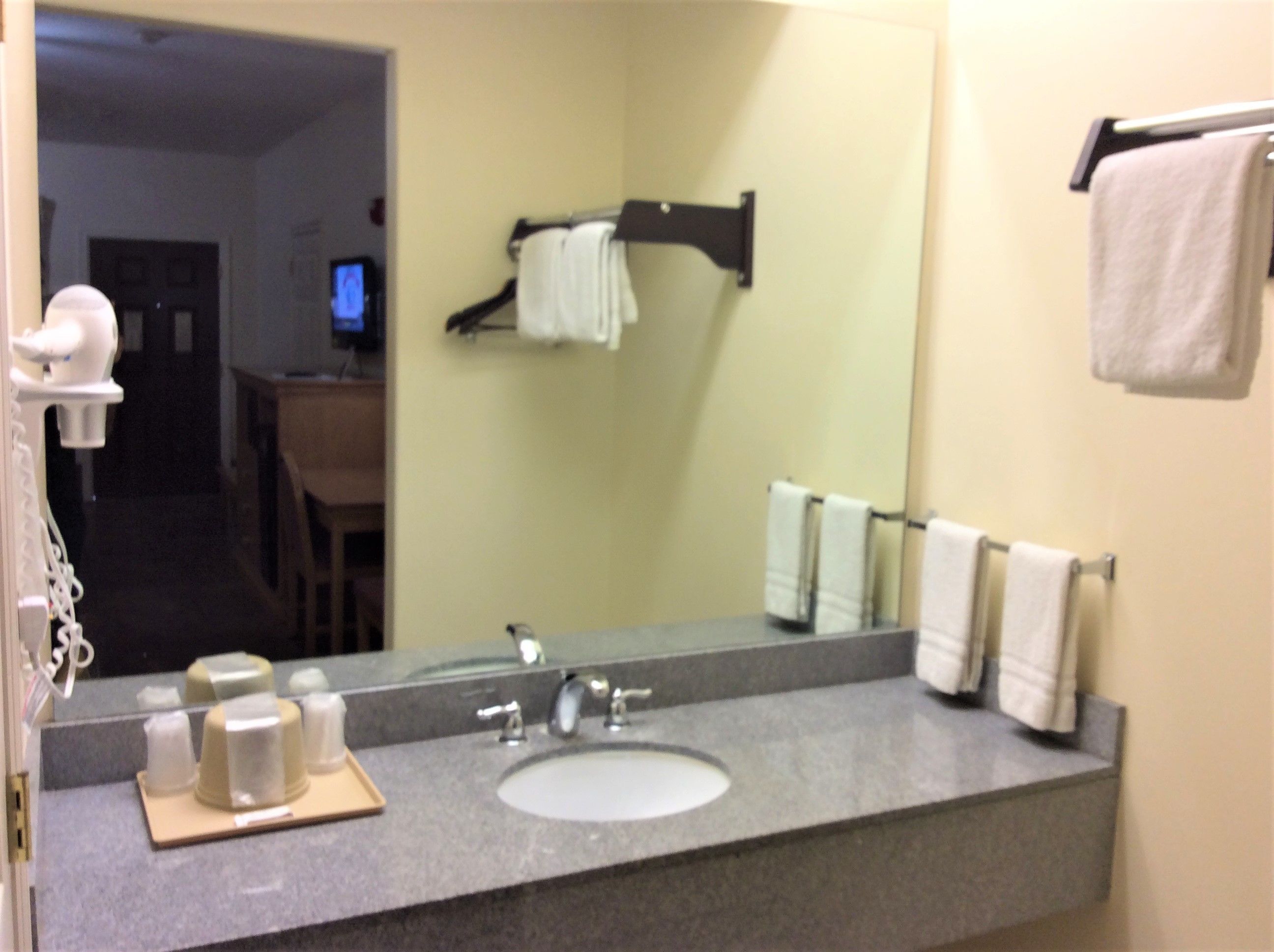 A bathroom with a sink, mirror, towel rack, and a television in the background.