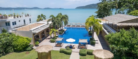 Outdoor pool, pool umbrellas, pool loungers