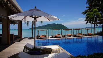 Outdoor pool, pool umbrellas, pool loungers