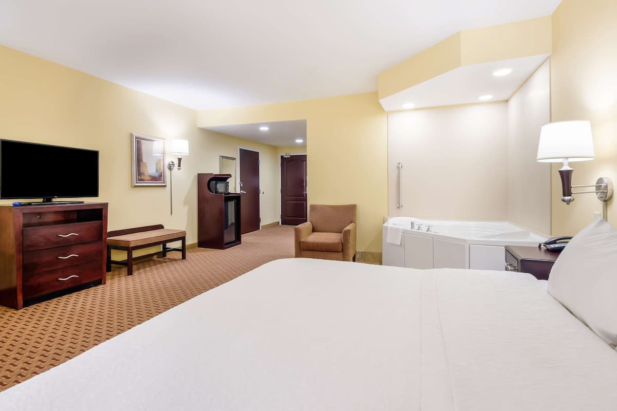 A hotel room with a bed, a desk, a chair, a television, a wardrobe, a bench, a bathroom with a bathtub, and a mirror.