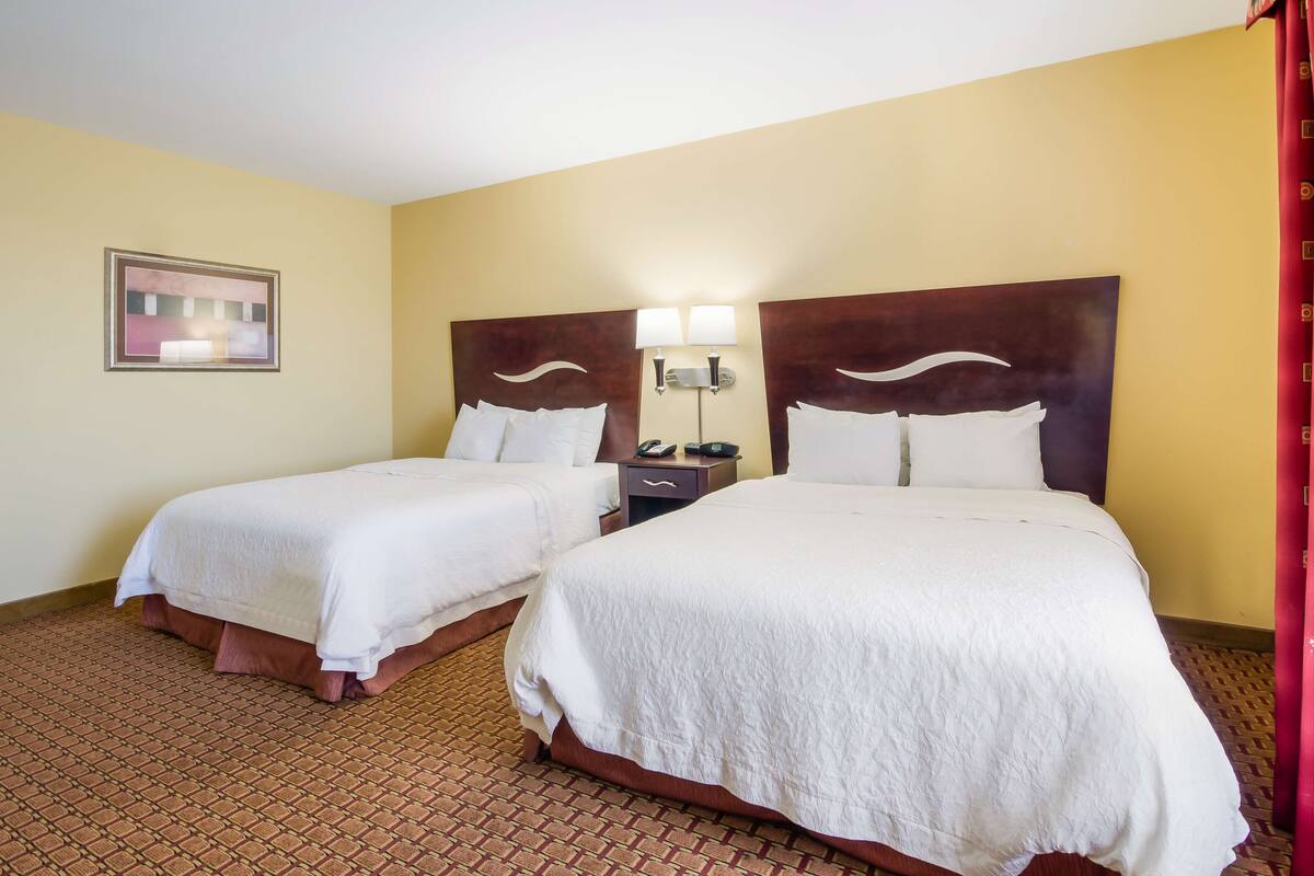 A hotel room with two beds, a nightstand with a lamp, and a framed picture on the wall.