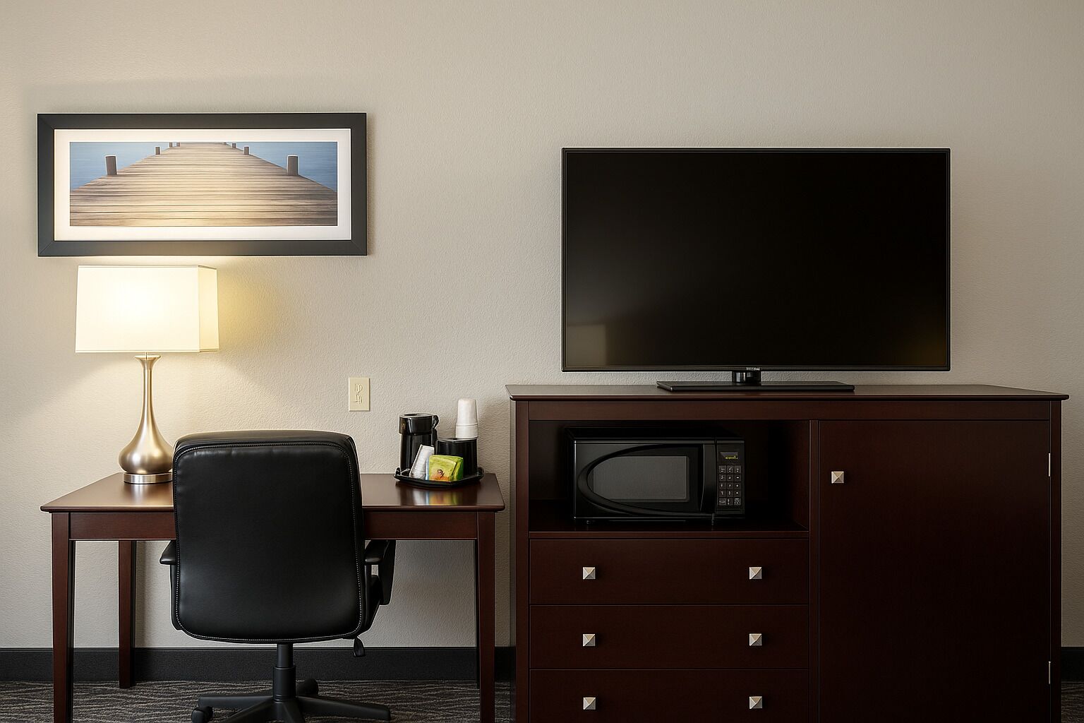 Une chambre d’hôtel équipée d’un bureau, d’un fauteuil de bureau noir, d’un tableau représentant une jetée, d’un téléviseur à écran plat, d’une lampe, d’une machine à café et d’un four à micro-ondes.