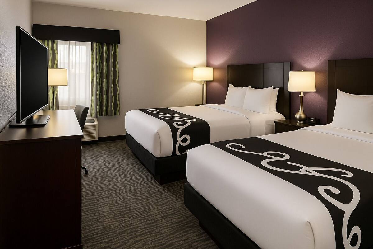 A hotel room with two beds, a desk with a TV, and two bedside lamps.