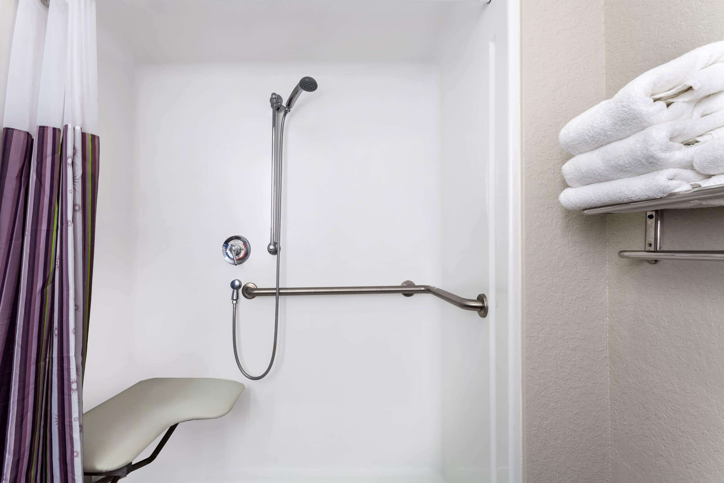 A shower area with a handheld showerhead, a grab bar, and a towel rack.