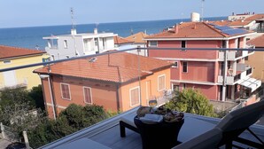A terrace with a table set for dining, overlooking a coastal town with buildings and the sea. - Hotel Biancaneve (Mondolfo)