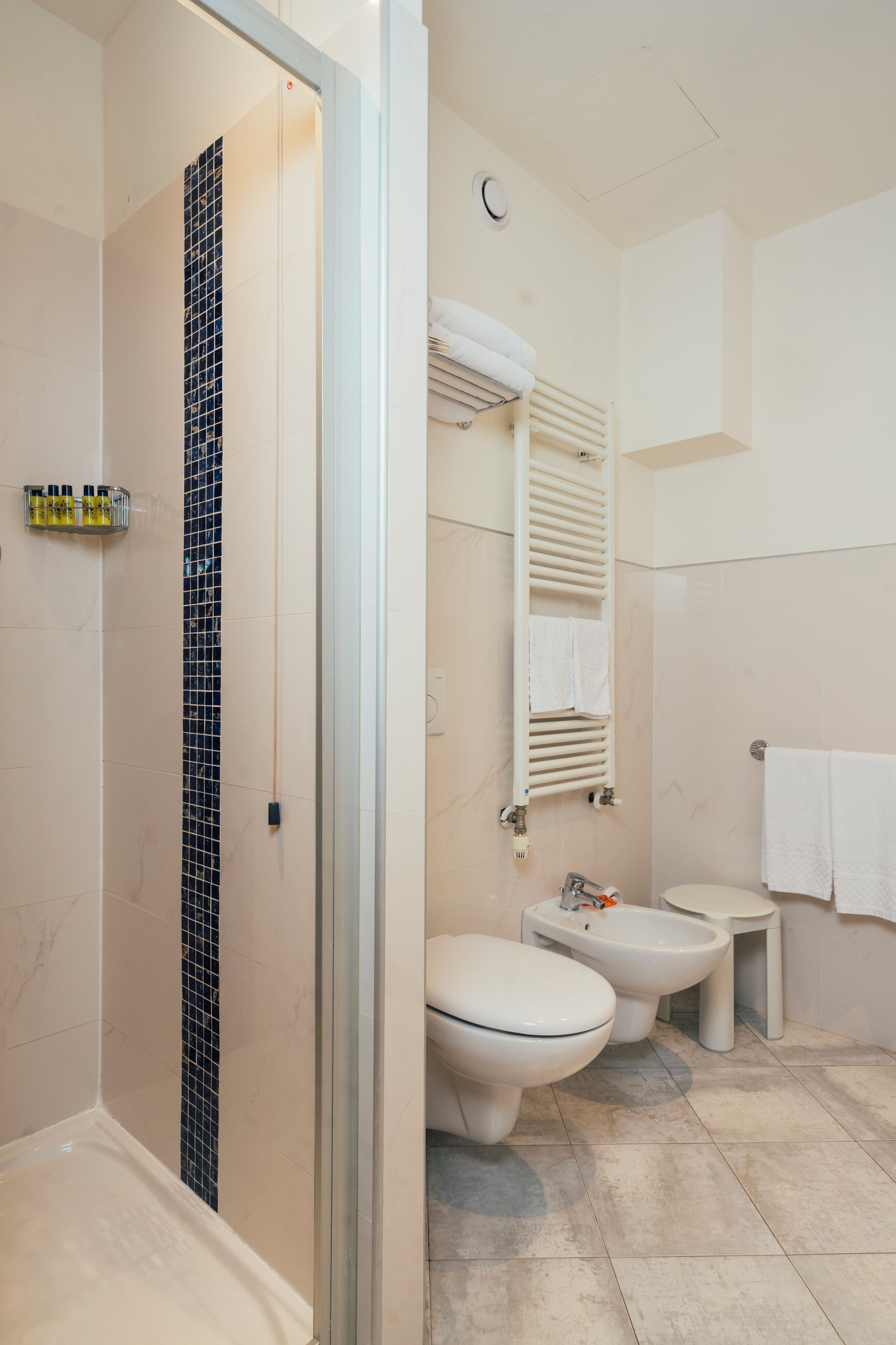 junior suite | bathroom | hair dryer, bidet, towels