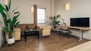 A modern living room with a sofa, coffee table, and TV stand. There are potted plants and a window with curtains. - Euro Hotel (Imola)