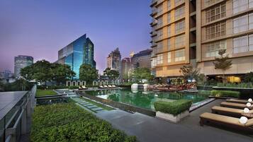 Outdoor pool, pool umbrellas, pool loungers