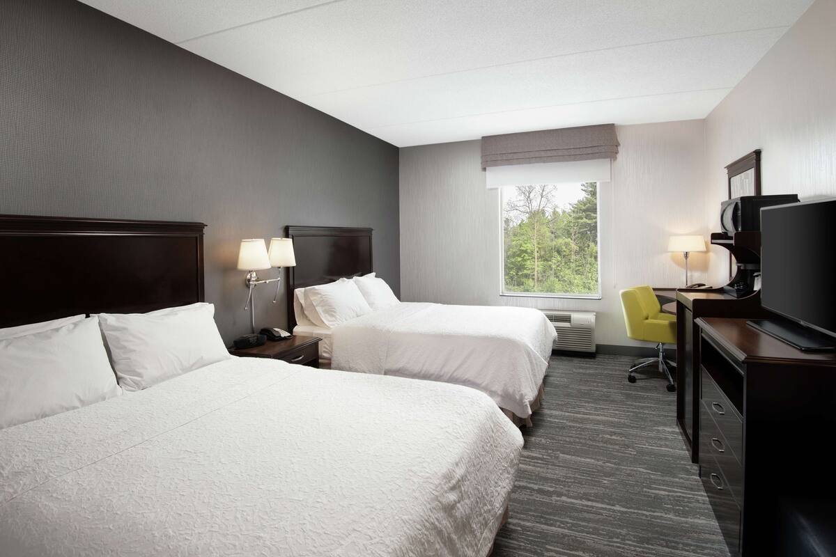 A hotel room with two beds, a desk with a television, a chair, and a window with a view of trees.