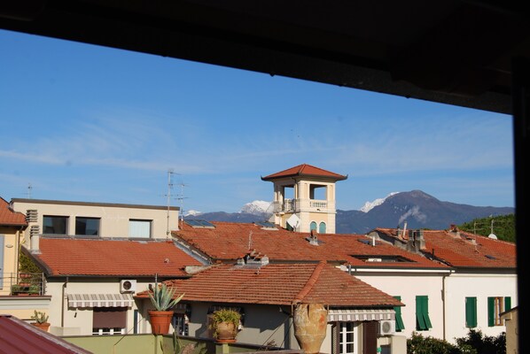 A town with red-tiled roofs, a bell tower, and a mountain in the background. - B&B Burlamacco Gold (Viareggio)