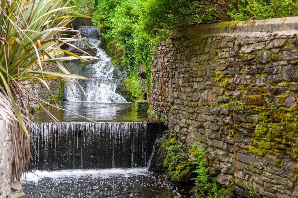 Un mur de pierre avec une cascade d’eau qui dévale, le tout entouré de verdure.
