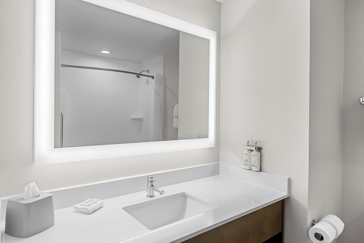 Combined shower/bathtub, free toiletries, hair dryer, towels