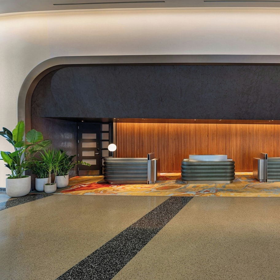 A modern reception area with a central seating area, a patterned carpet, and potted plants.