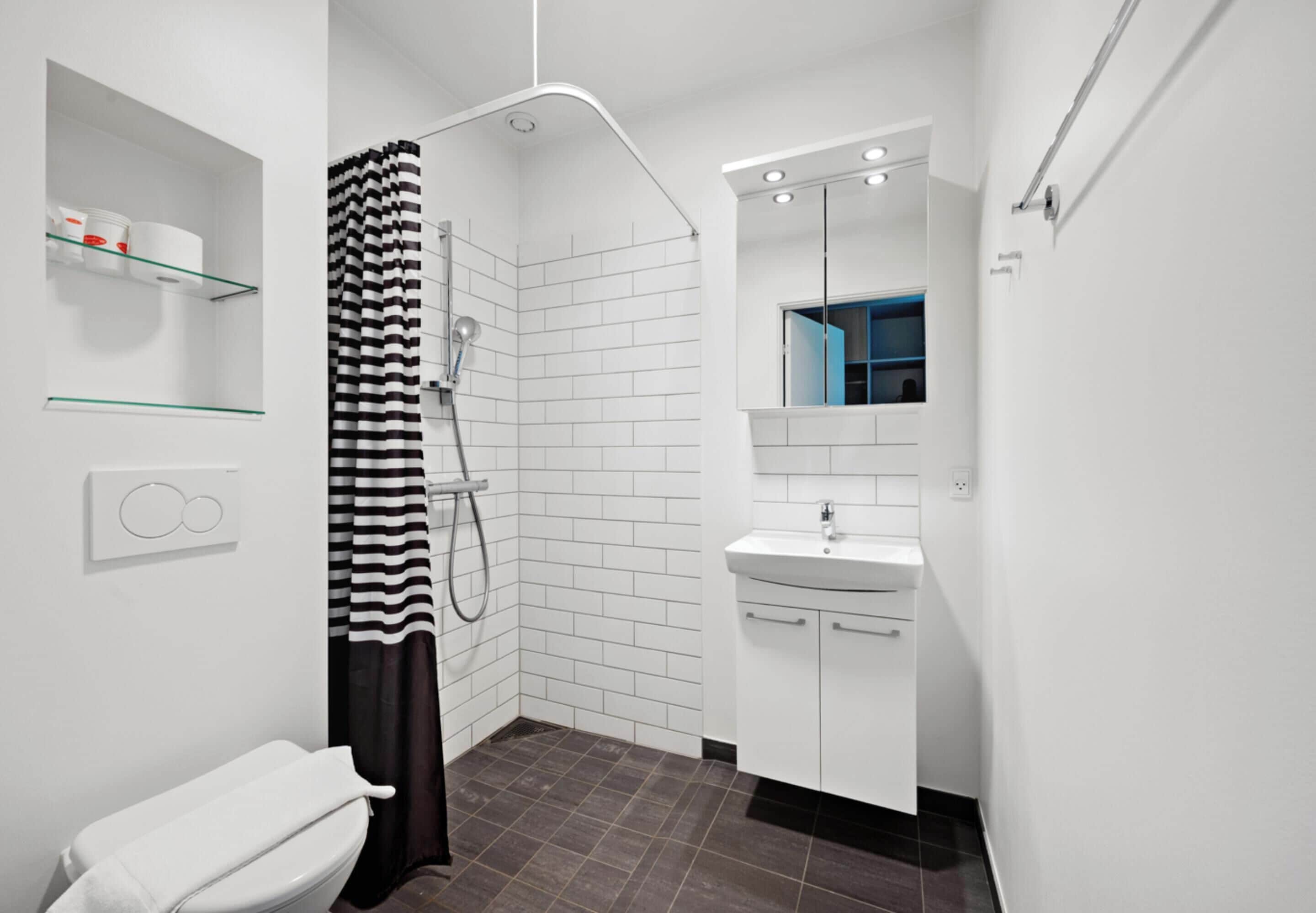 Et moderne badeværelse med bruser, toilet og håndvask.