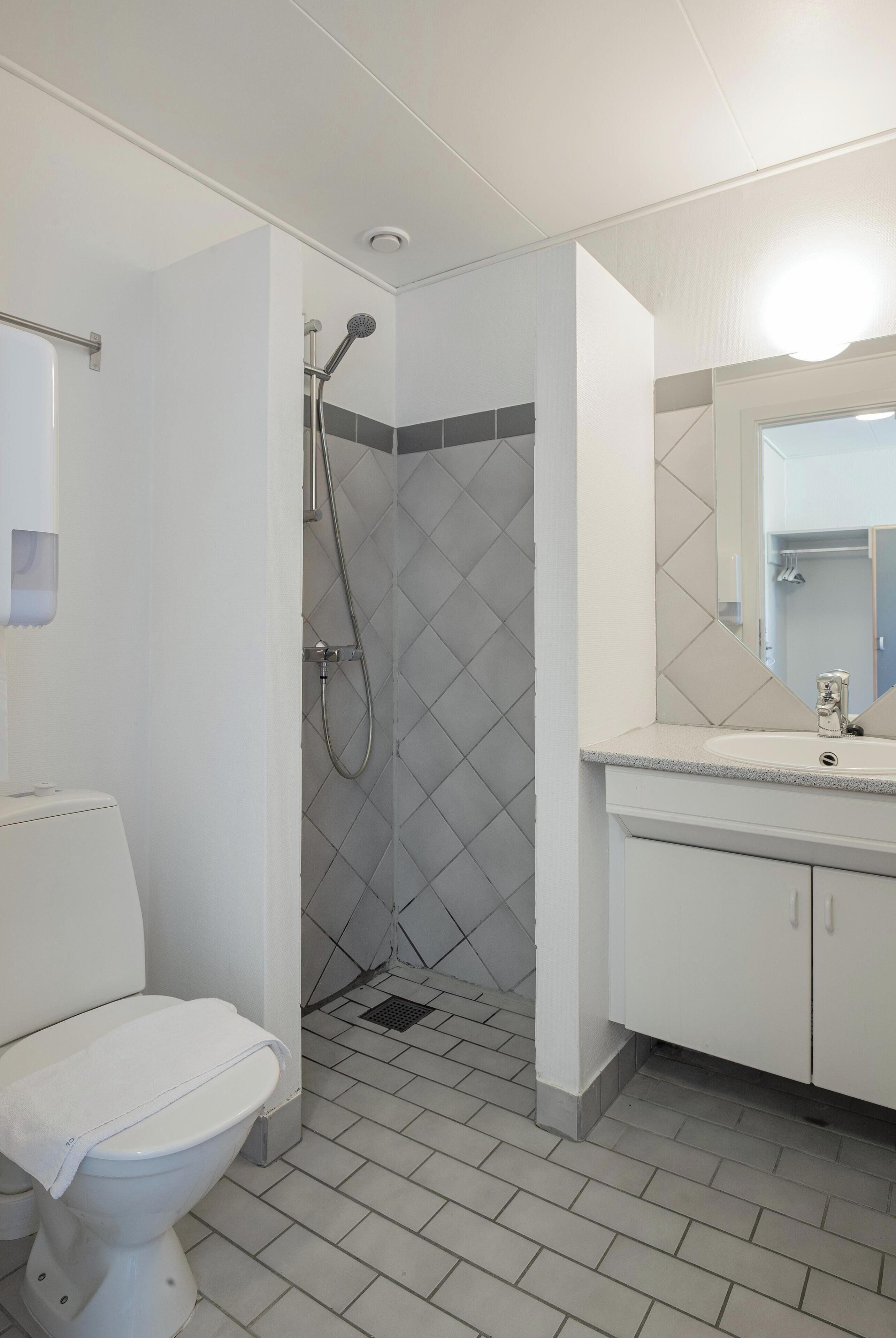 A bathroom with a toilet, a shower, a sink, and a mirror.