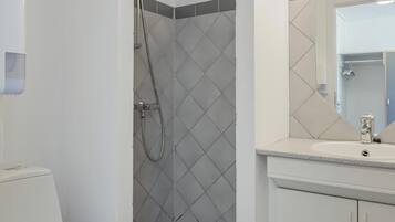 A bathroom with a toilet, a shower, a sink, and a mirror.