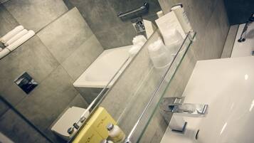 A modern bathroom with a glass shower enclosure, a white sink, and a toilet.