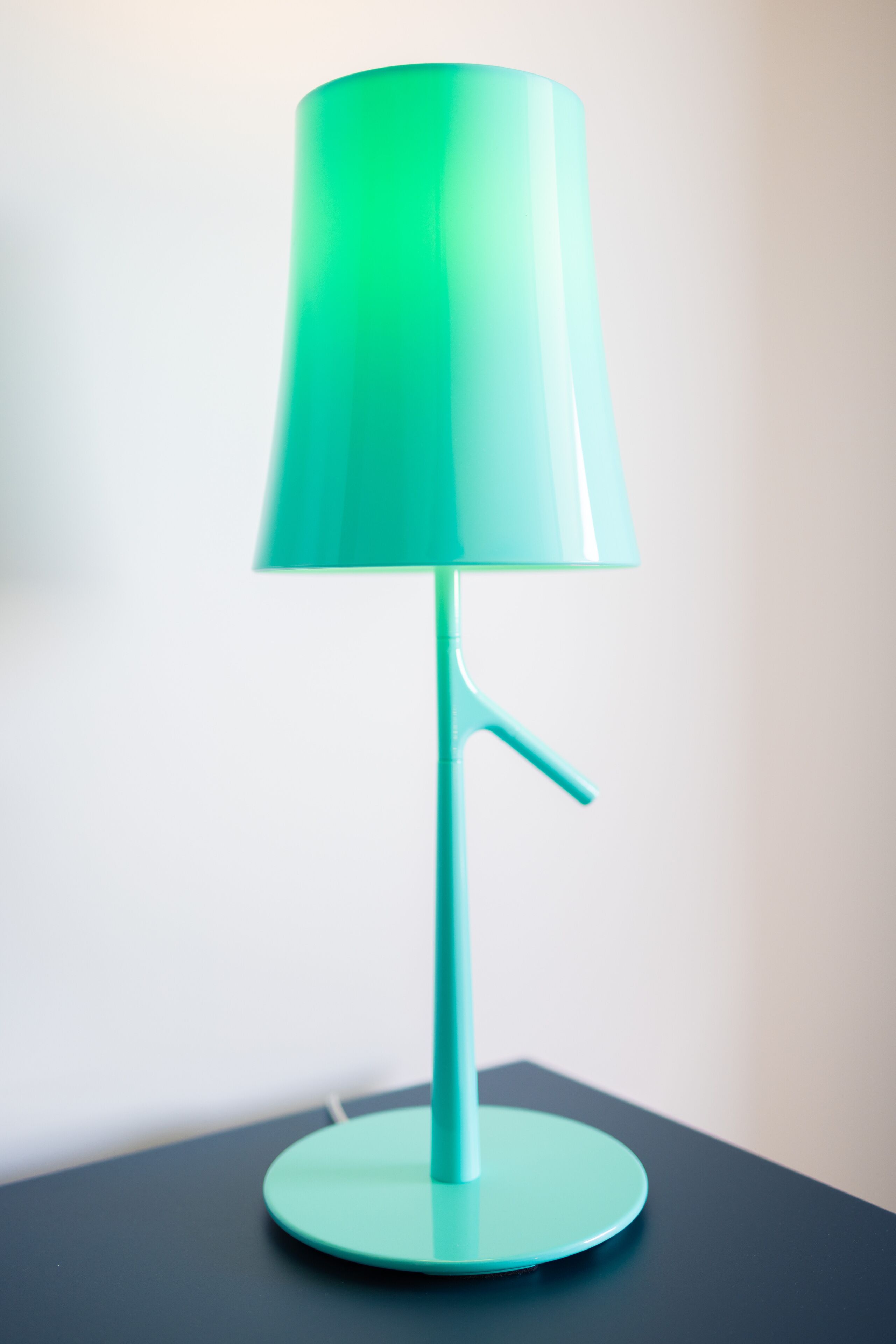 Eine tischgrüne Tischlampe mit zylindrischem Lampenschirm und einem einzelnen, verstellbaren Arm, auf einem runden Tisch platziert.