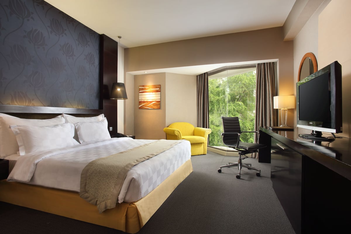 A hotel room with a large bed, a desk with a computer, a chair, and a TV.
