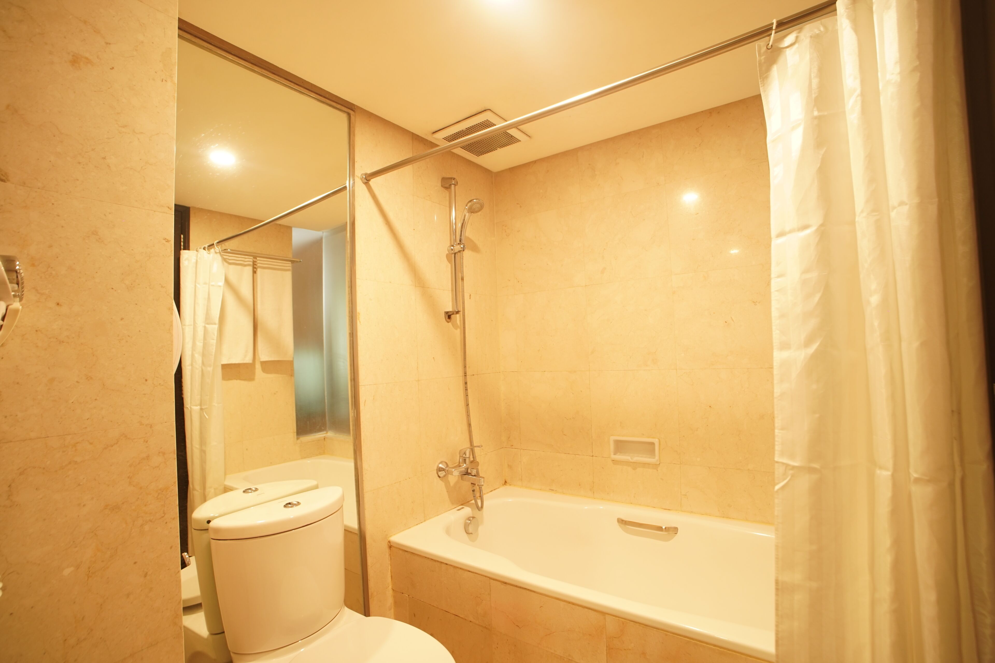 A bathroom with a toilet, a bathtub, and a shower.
