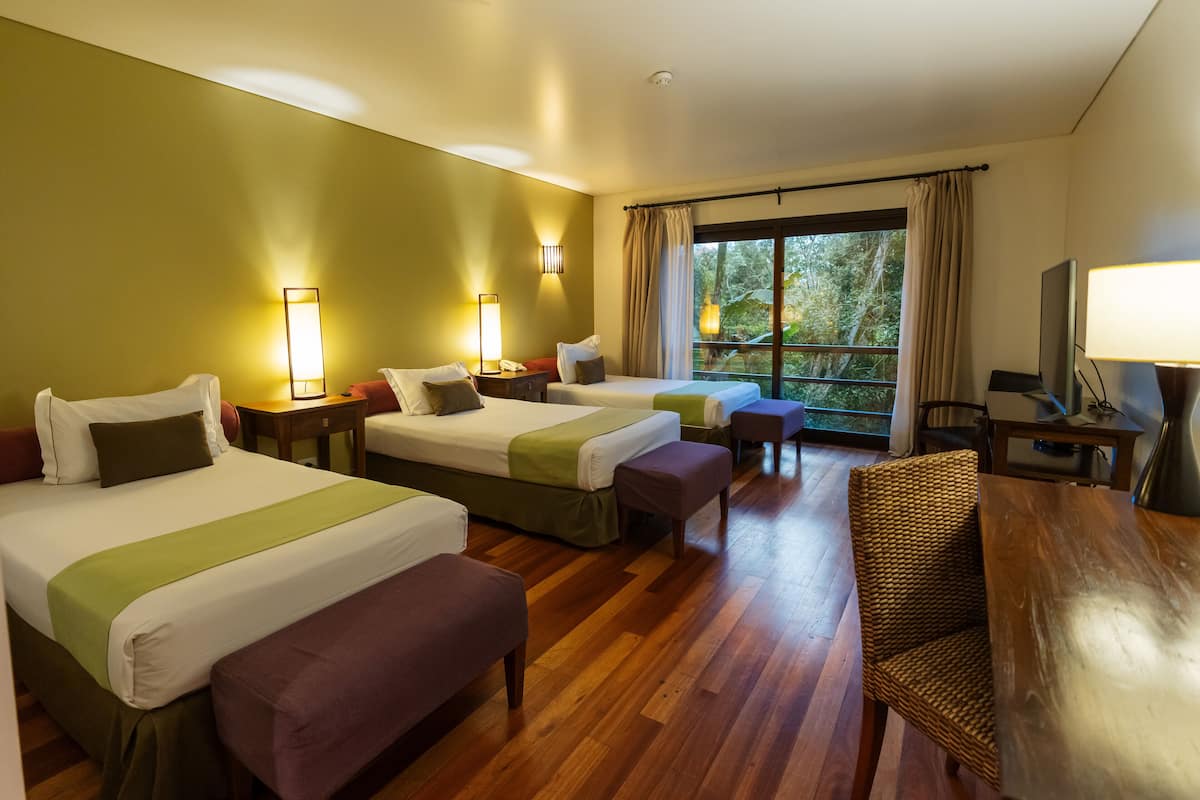 A hotel room with two beds, a wooden floor, a wicker chair, a TV, and a window with curtains.