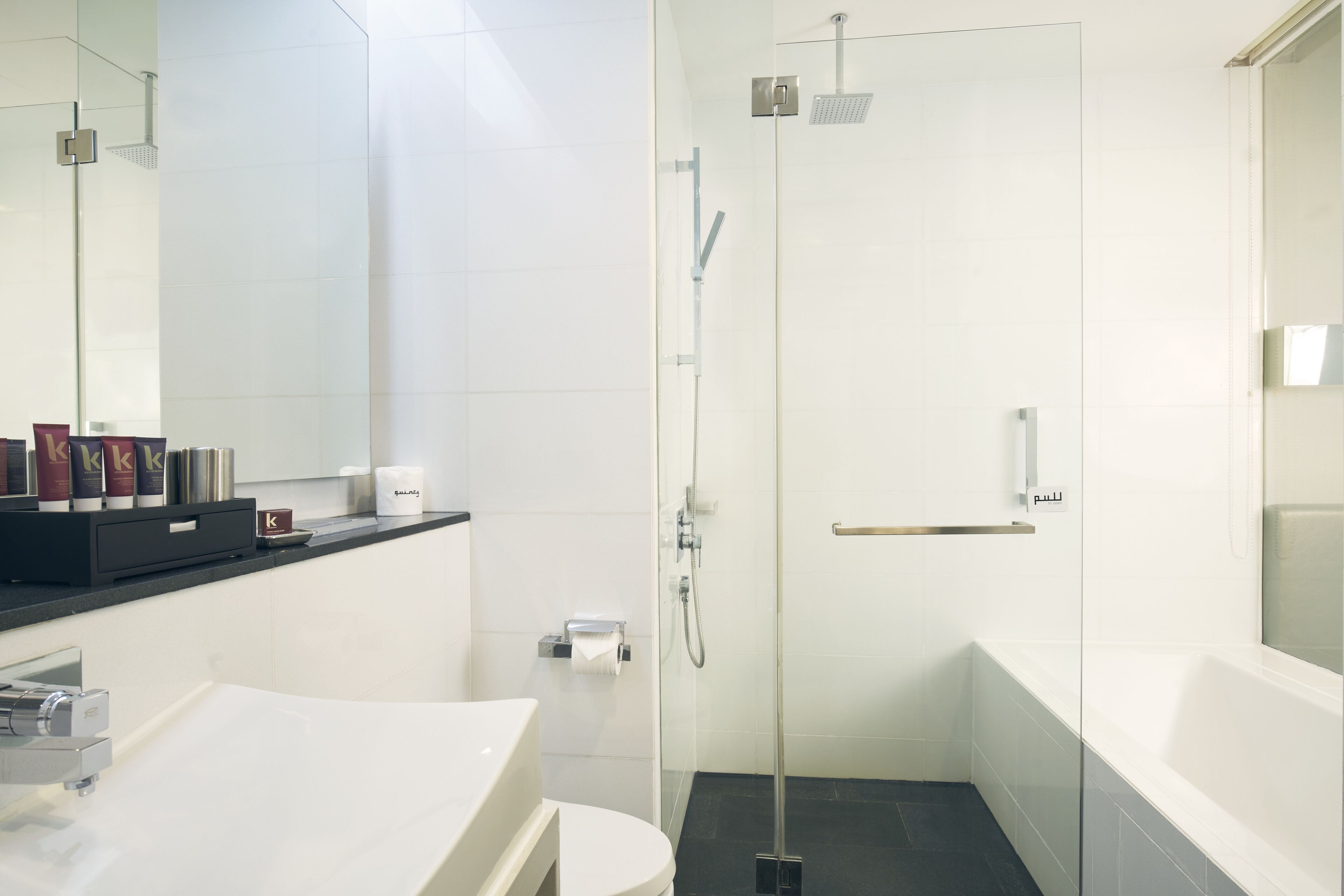 Une salle de bain moderne avec une douche à parois de verre, un lavabo blanc et un plan de toilette noir.