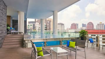 A rooftop terrace with a pool, seating area, and city skyline views.