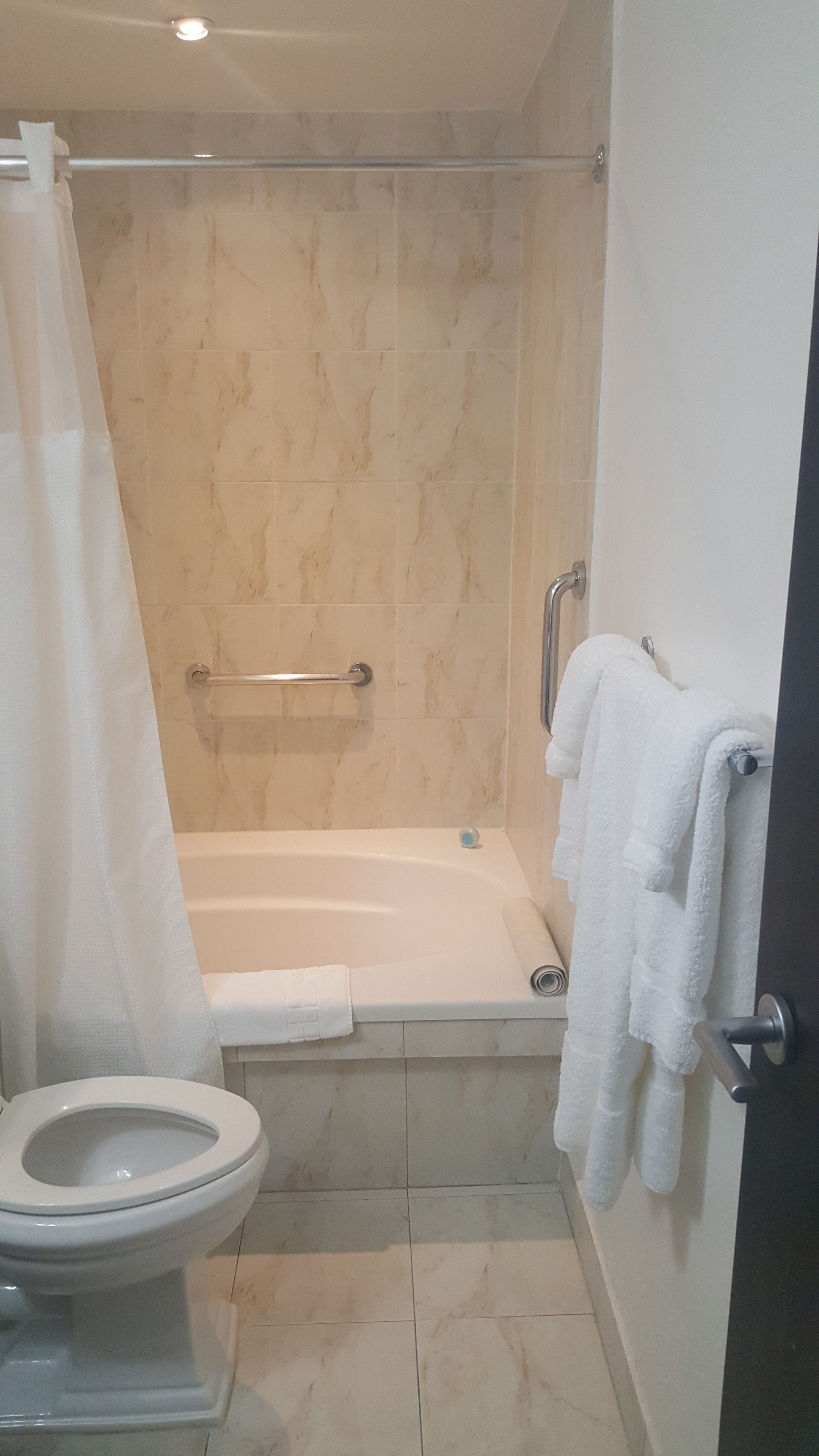 A bathroom with a bathtub, a toilet, and a shower curtain.