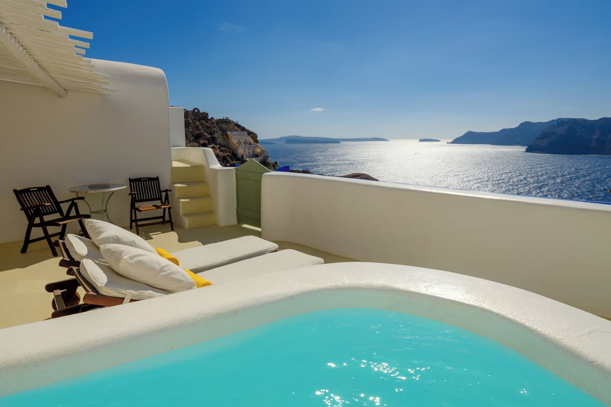Suíte família, banheira de hidromassagem (Caldera View) | Roupas de cama premium, cofres nos quartos, quartos à prova de som