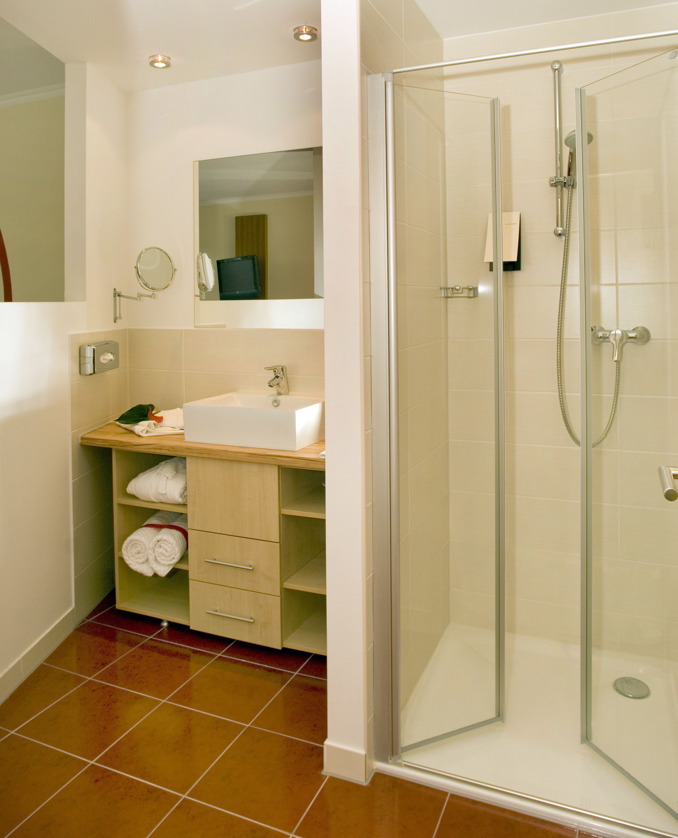 shower, designer toiletries, hair dryer, bathrobes