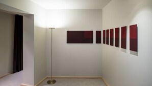 A hallway with a floor lamp, a set of red panels on the wall, and a door with dark curtains. - Pousada de Manteigas, São Lourenço (Manteigas)