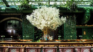 A bar area with a large white floral centerpiece, green walls, and patterned bar stools.